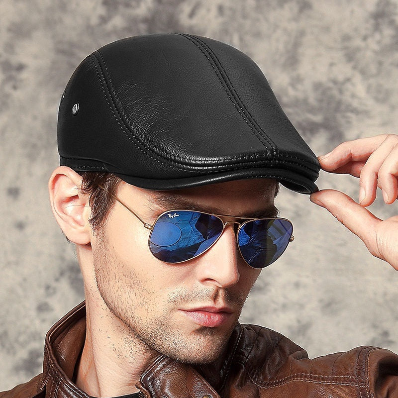 Genuine Leather Hat Top-grain Cowhide Beret Warm Duckbill Cap