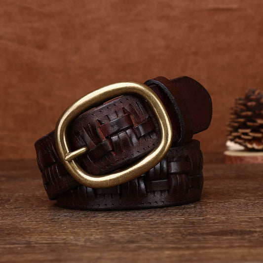 Men's Hand-woven First Layer Cow Leather Belt Personalized Punch-free Brass Buckle