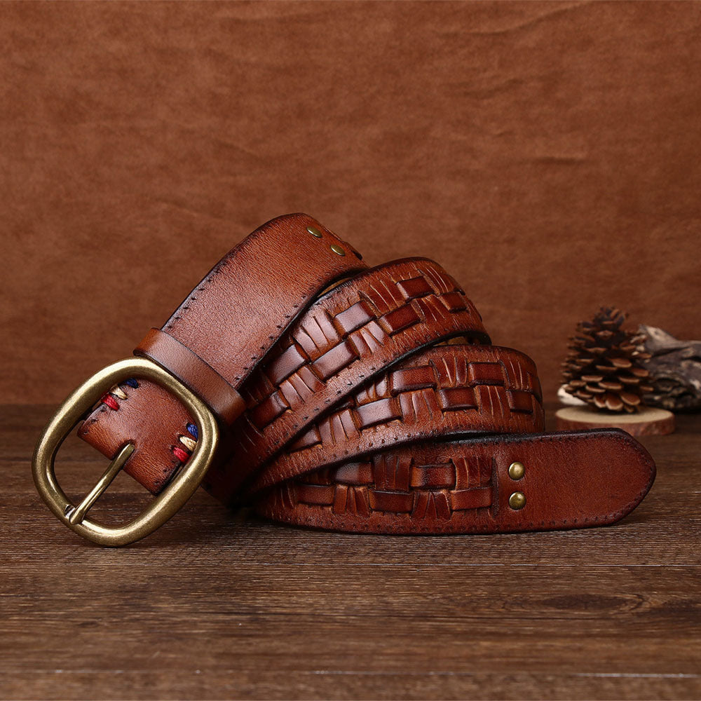 Men's Hand-woven First Layer Cow Leather Belt Personalized Punch-free Brass Buckle
