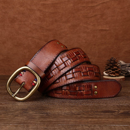 Men's Hand-woven First Layer Cow Leather Belt Personalized Punch-free Brass Buckle