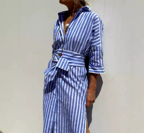 Women's Striped Shirt Dress with Belt - Half Sleeve