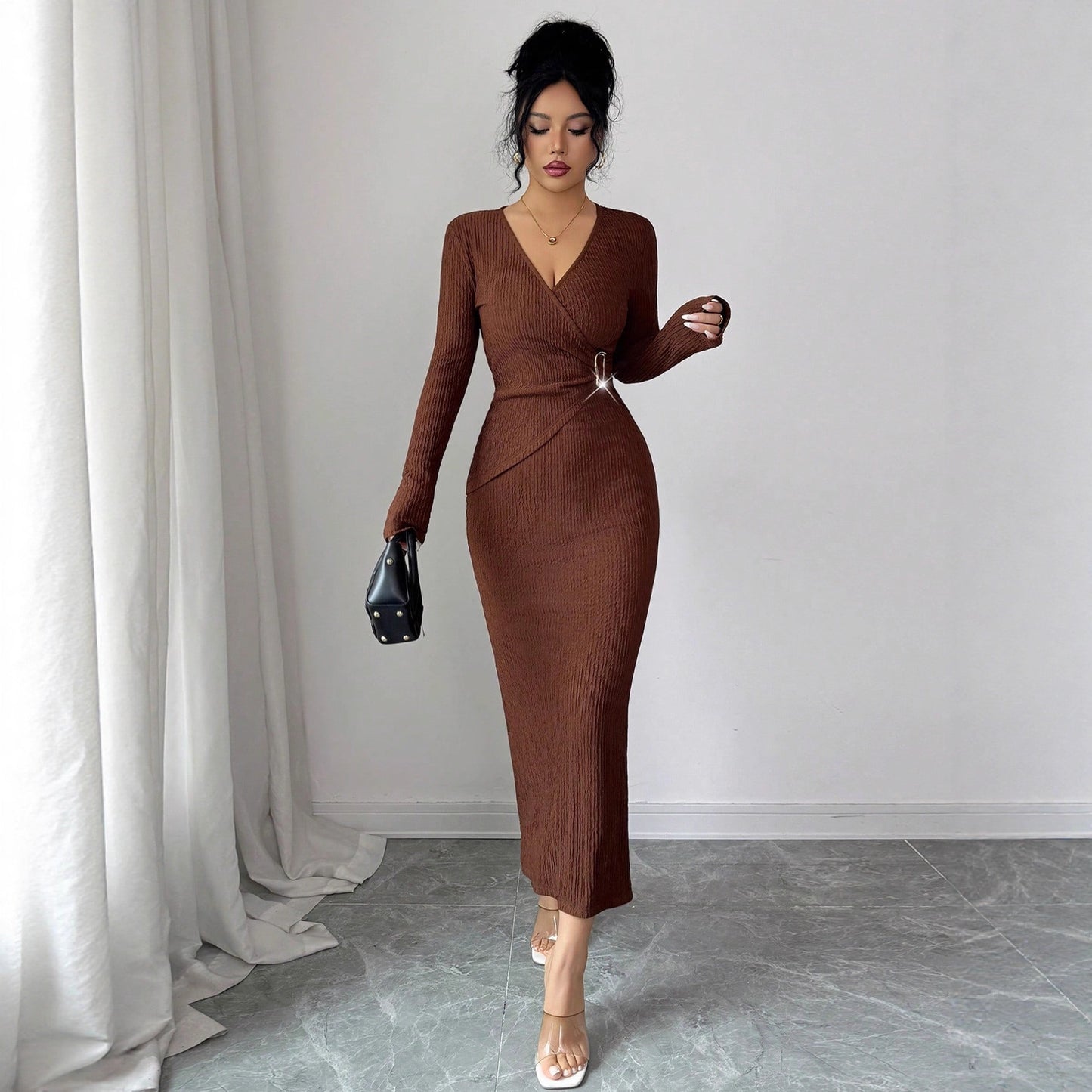 Cross-collar Knit Texture Slim-fit Slimming Dress