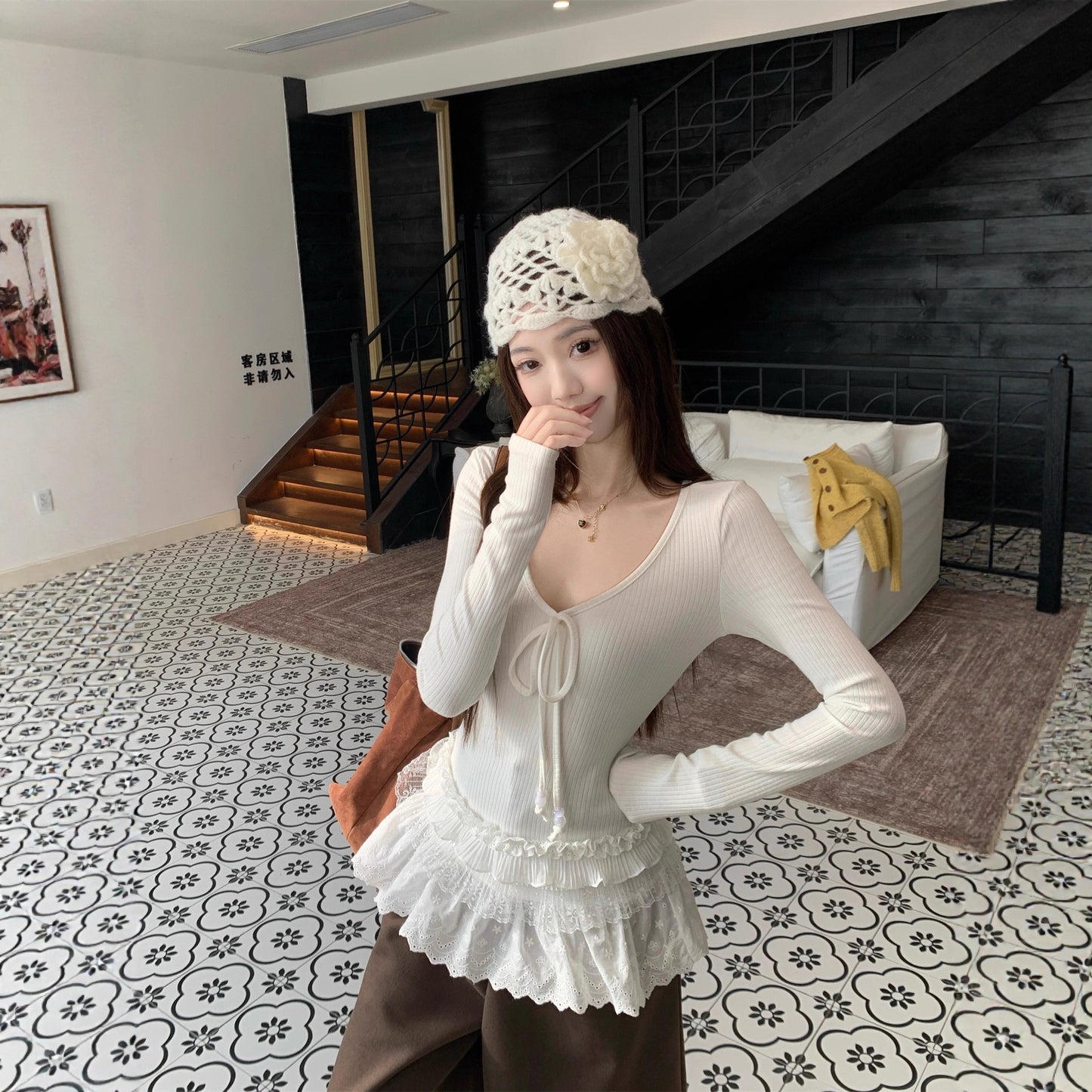 Spliced V-neck Tie Long Sleeve Women's Versatile Slimming Top