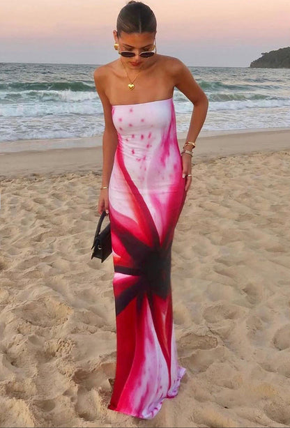 Lady's Sexy Strapless Slim-fit Printed Maxi Dress