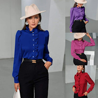 Women's Solid Color Simple Long-sleeved Ruffle Straight Shirt