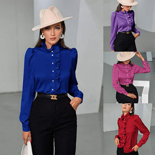 Women's Solid Color Simple Long-sleeved Ruffle Straight Shirt