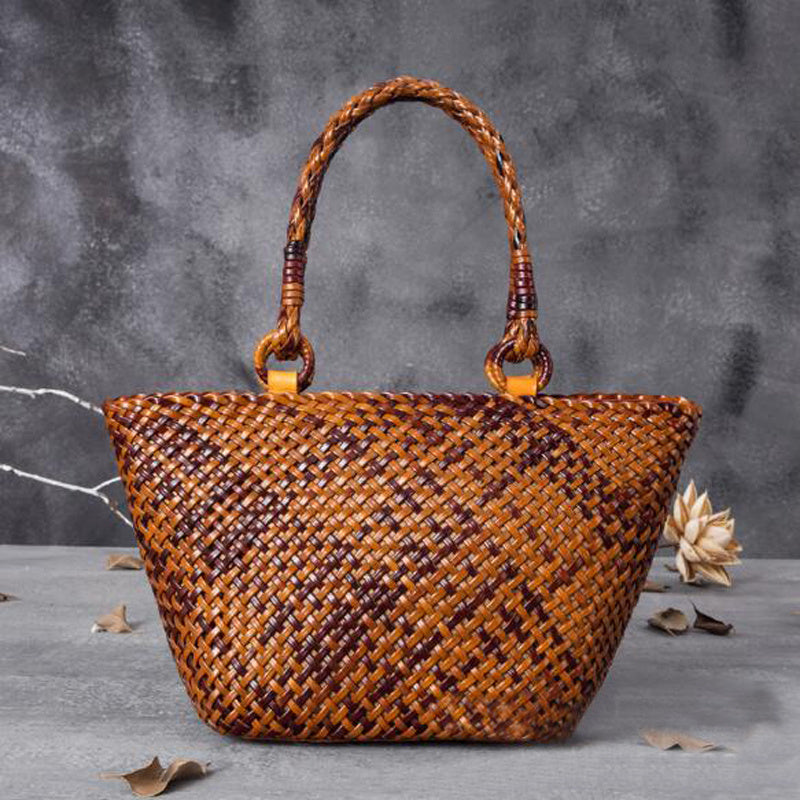 Hand-Woven Leather Handbag - Hollow Basket Bag
