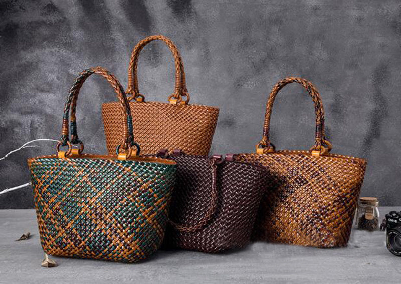 Hand-Woven Leather Handbag - Hollow Basket Bag