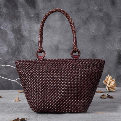 Hand-Woven Leather Handbag - Hollow Basket Bag