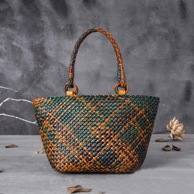 Hand-Woven Leather Handbag - Hollow Basket Bag
