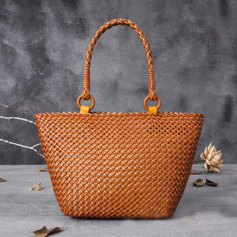Hand-Woven Leather Handbag - Hollow Basket Bag