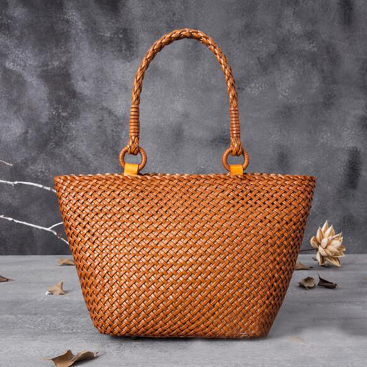 Hand-Woven Leather Handbag - Hollow Basket Bag