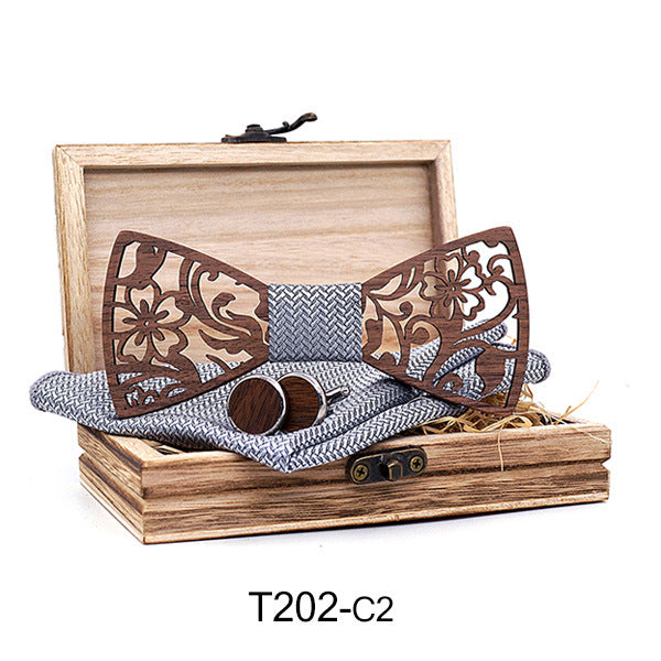 Wooden Hollow Fashion Bow Tie Cufflinks Set