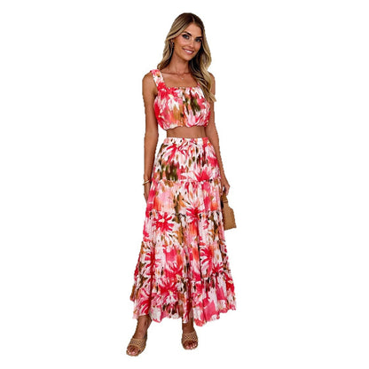 Women's Retro Sleeveless Short Wrap Bustier Printed High Waist Skirt Set
