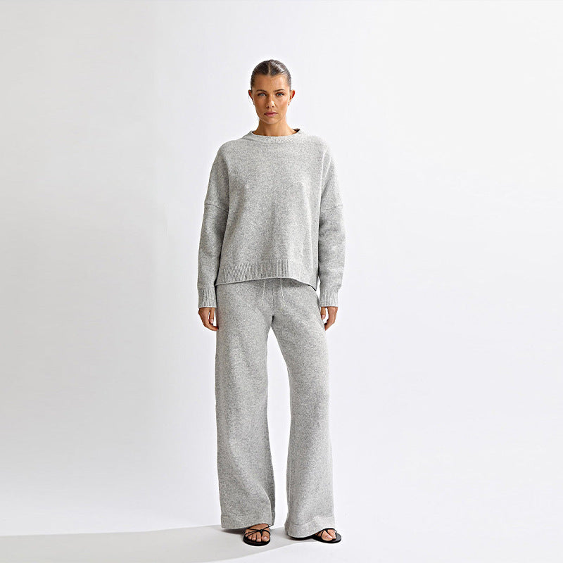 Round-neck Backless Knit Sweater Long Sleeve Pants Set For Women