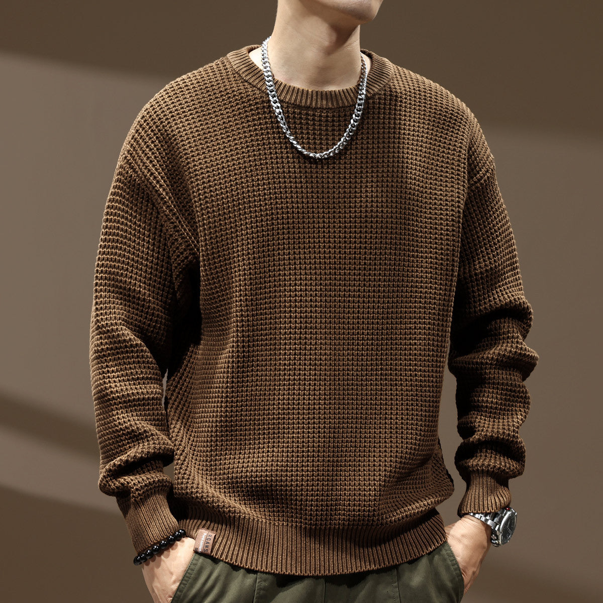 Men's Thick Needle Retro Round Neck Sweater - Loose Fit