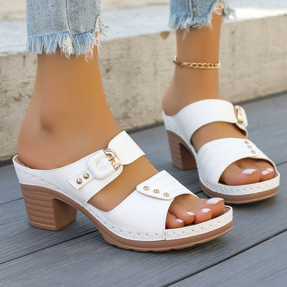 Open Toe Chunky Heel Embossed Outdoor Slippers