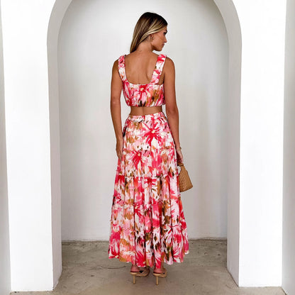 Women's Retro Sleeveless Short Wrap Bustier Printed High Waist Skirt Set