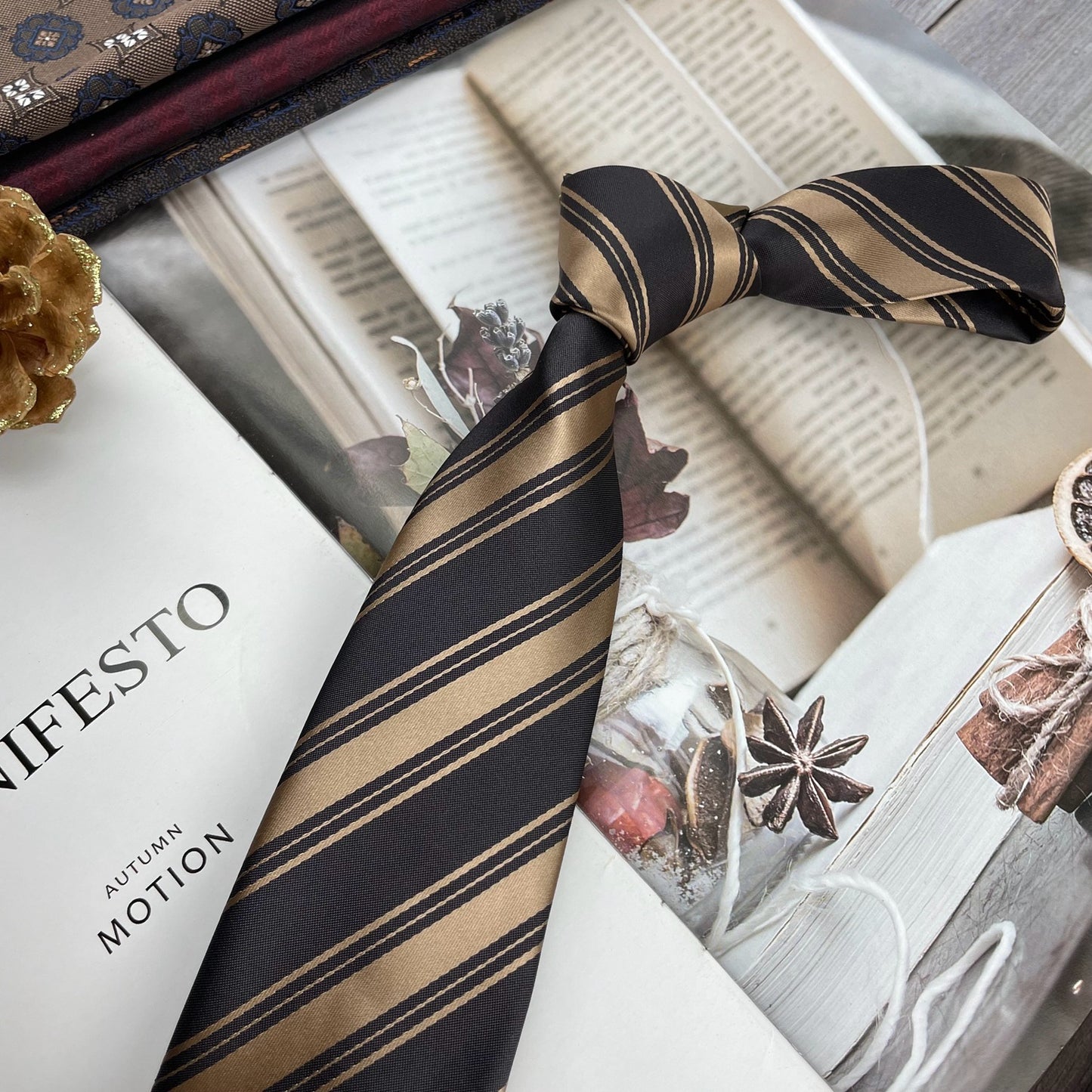 Retro Coffee Color Orange Red Striped Tie Hand Hit 8CM Men