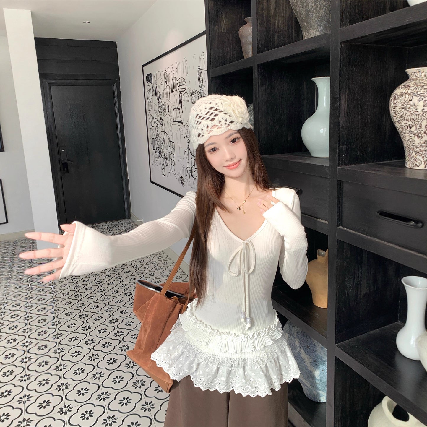 Spliced V-neck Tie Long Sleeve Women's Versatile Slimming Top