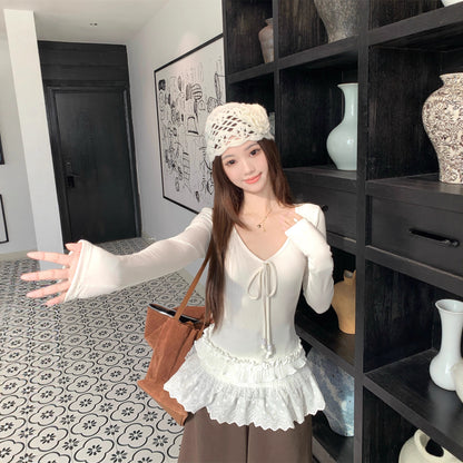 Spliced V-neck Tie Long Sleeve Women's Versatile Slimming Top