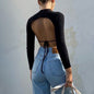 Semi-high Neck Slim-fit T-shirt Backless Sexy Design Short Long-sleeved Top