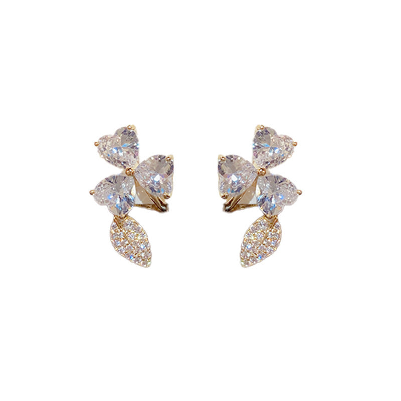 Female Personality Fashion Zircon Three Leaf Flower Earnail
