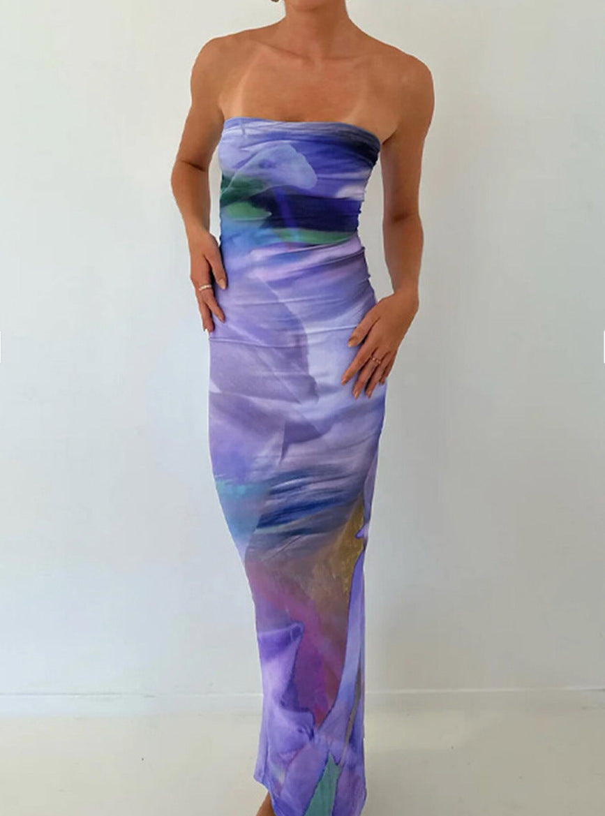 Lady's Sexy Strapless Slim-fit Printed Maxi Dress