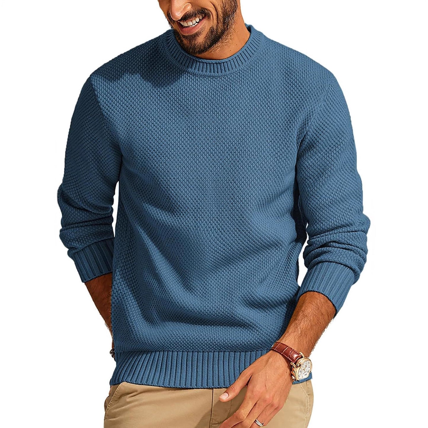 Round Neck Pullover Sweater Men's Waffle Sweater