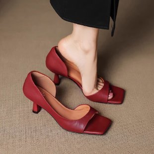 Simple One-strap Sandals Square Toe Open Toe Thin Heel Peep Toe Shoes