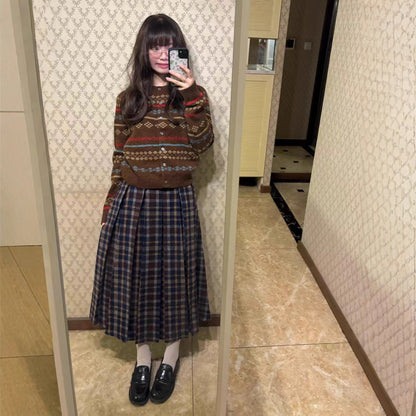 Fashion Color-block Round Neck Cardigan Sweater For Women