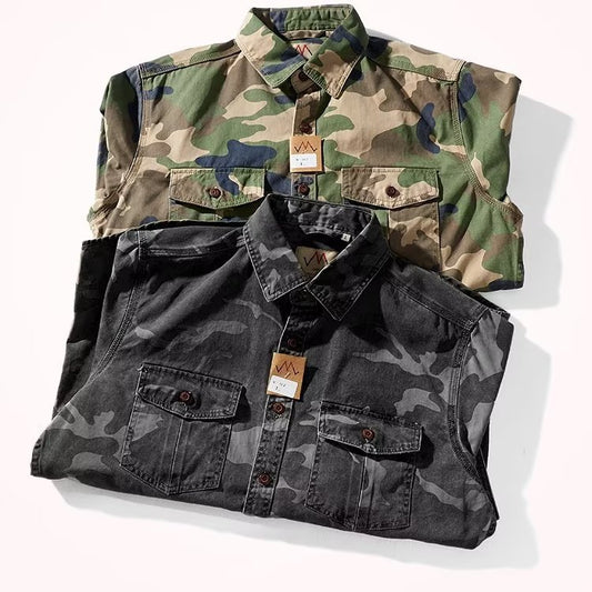 Men's Distressed Washed Camouflage Collar Casual Jacket