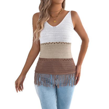 Casual V-neck Color-block Fringe Sleeveless Knitted Top Vacation Shirt
