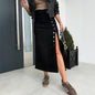 Women's Solid Color Button Irregular Slit Denim Skirt