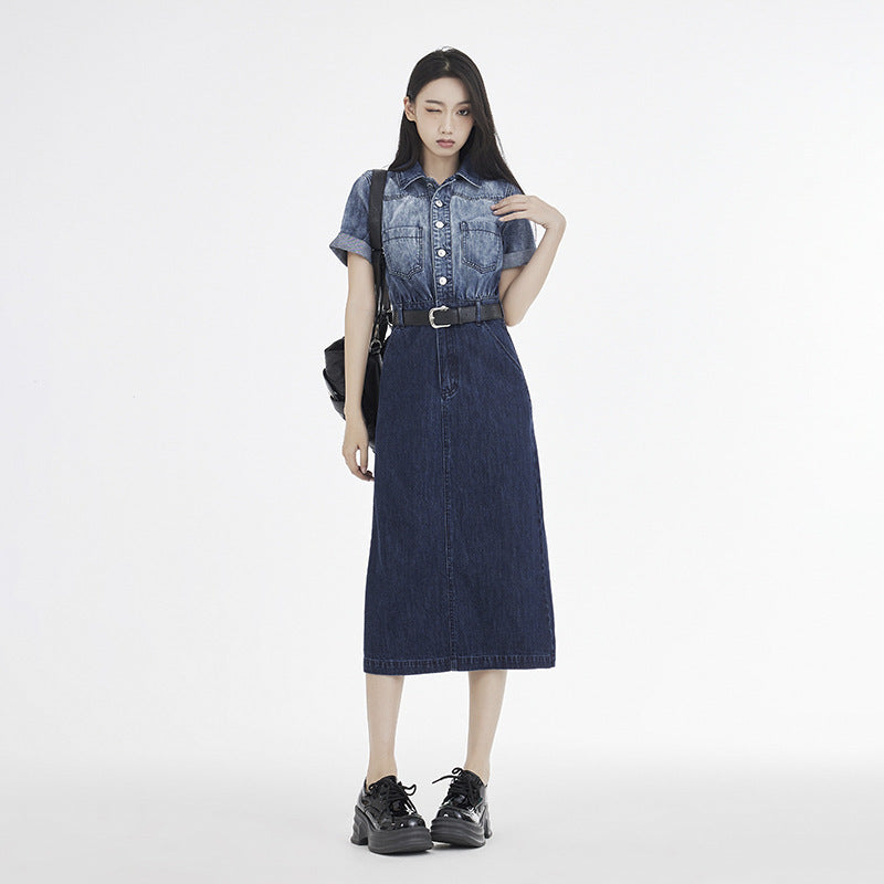 Women's Short-sleeved Denim Dress With Waist-cinching High Waist For A Slimming Effect