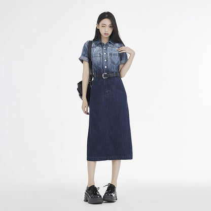 Women's Short-sleeved Denim Dress With Waist-cinching High Waist For A Slimming Effect