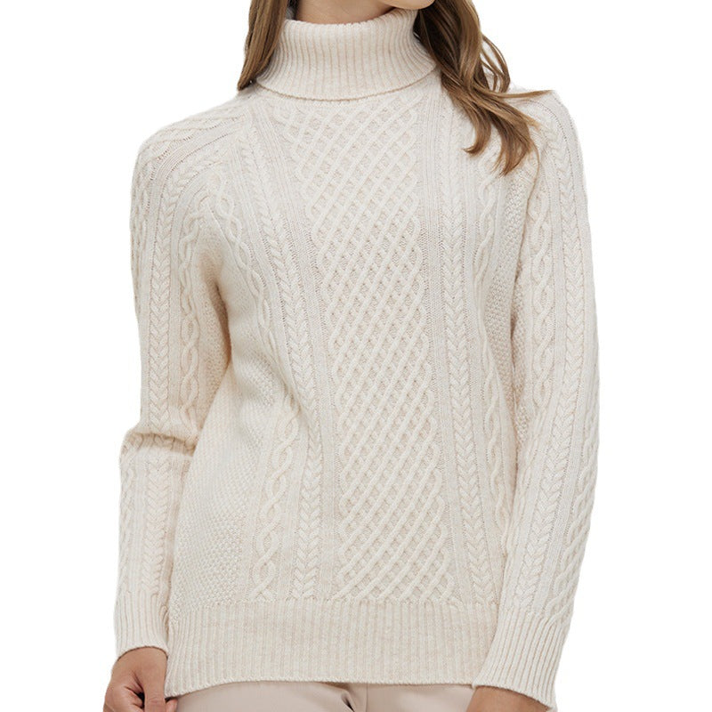 Women's High-neck Cable Knit Wool Sweater