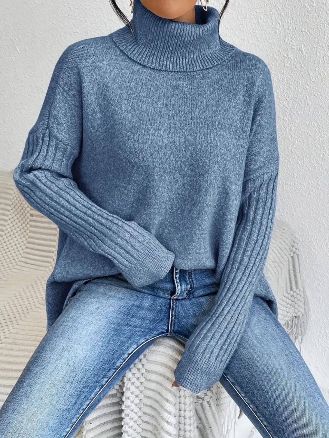 Women's Irregular Turtleneck Sweater - Loose Fit