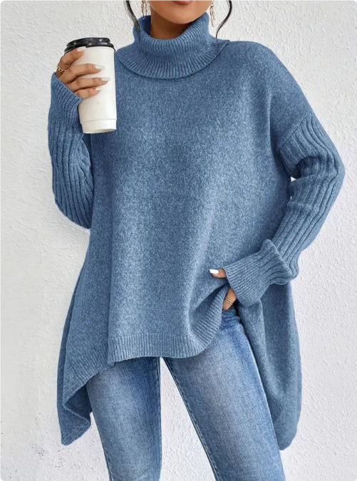 Women's Irregular Turtleneck Sweater - Loose Fit