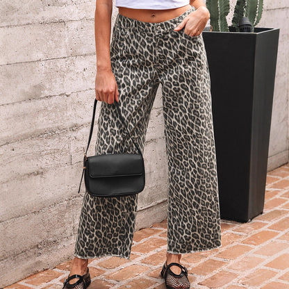 Retro High-waisted Jeans Leopard Print Zip-rolled Hem Wide-leg Pants