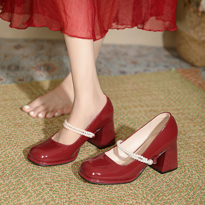 French Chunky Heel Fairy Style Pearls Strap Mary Jane Shoes
