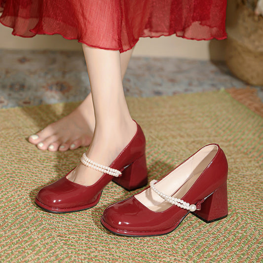 French Chunky Heel Fairy Style Pearls Strap Mary Jane Shoes