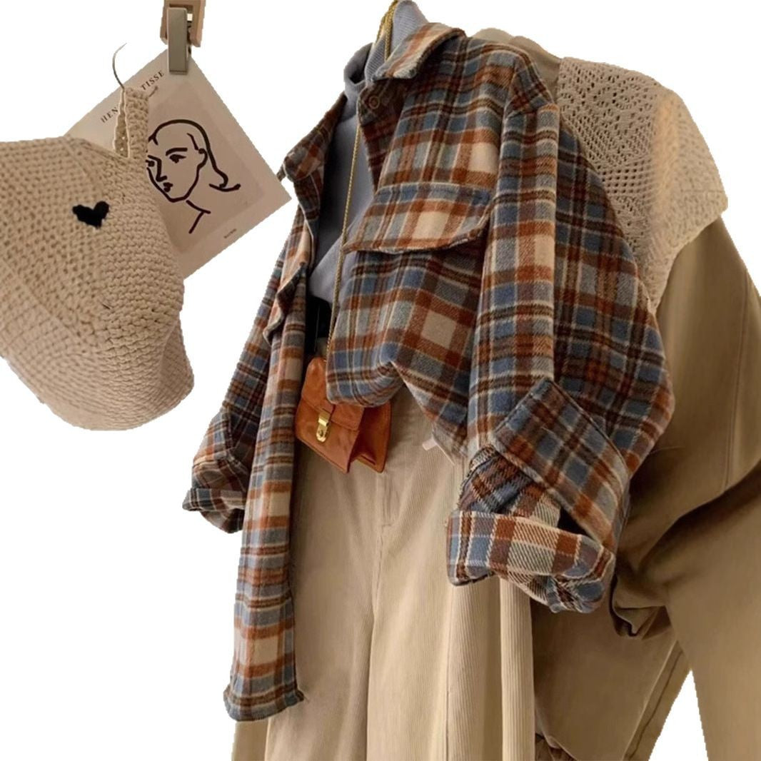 American Retro Color-blocked Brushed Flannel Shirt