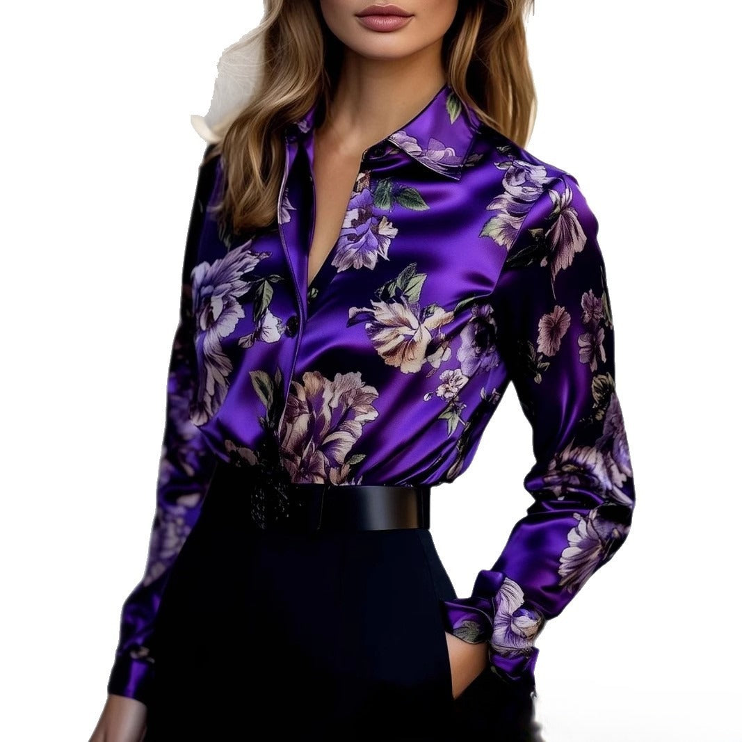 Purple Satin Floral Print Long Sleeve Shirt