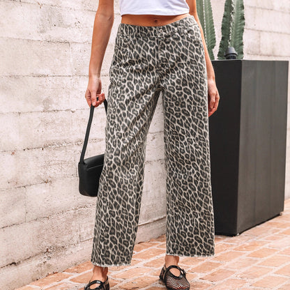 Retro High-waisted Jeans Leopard Print Zip-rolled Hem Wide-leg Pants