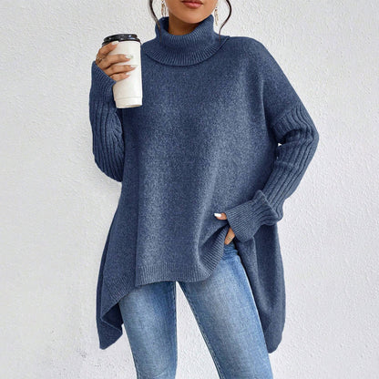 Women's Irregular Turtleneck Sweater - Loose Fit