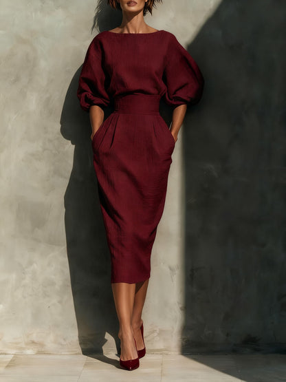 Women's A-line Bubble Sleeve High Waist Gathered Dress