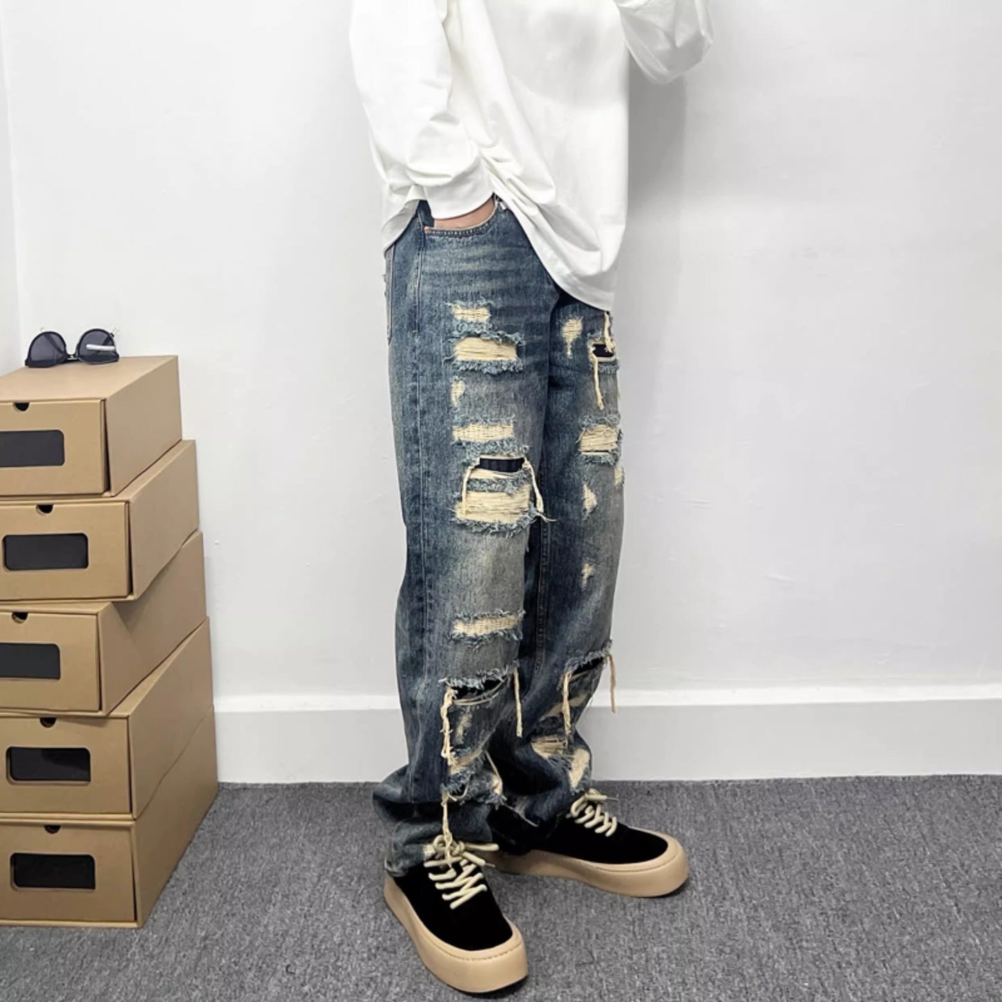 American Casual Stylish Ripped Patch Jeans