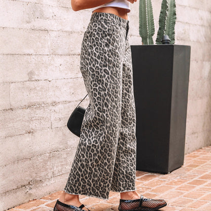 Retro High-waisted Jeans Leopard Print Zip-rolled Hem Wide-leg Pants