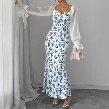 Long Sleeve V-neck Chiffon Spliced Knit Print Bodycon Dress